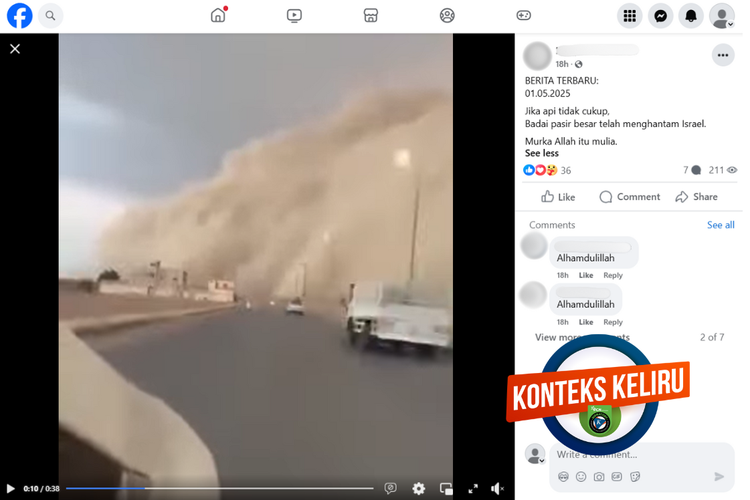 Tangkapan layar konten dengan konteks keliru di sebuah akun Facebook, Kamis (1/5/2025), mengenai badai pasir yang terjadi di Israel.