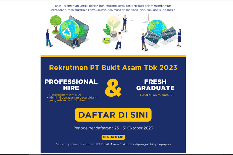 Rekrutmen Bukit Asam (PTBA) 2023 untuk fresh graduate dan profesional