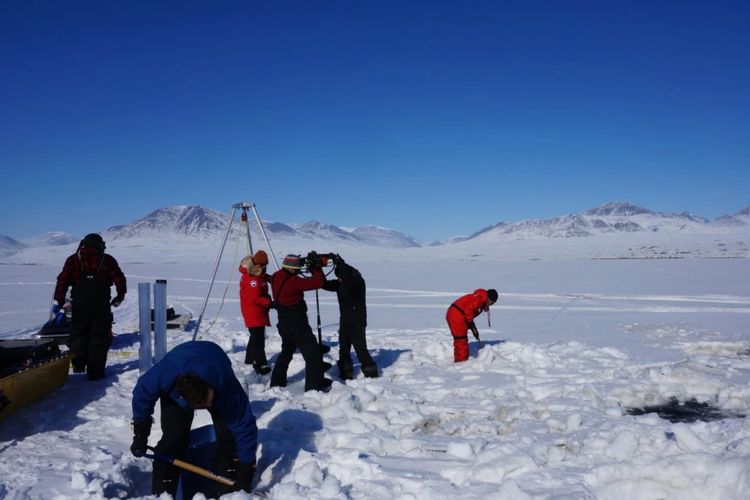 Sejumlah peneliti mengebor lapisan es Danau Hazen di Arktik untuk mengampil sampel dalam penelitian mengenai dampak perubahan iklim pada peningkatan risiko penyebaran virus. Pengambilan sampel tersebut dilakukan pada 29 Mei 2017. 