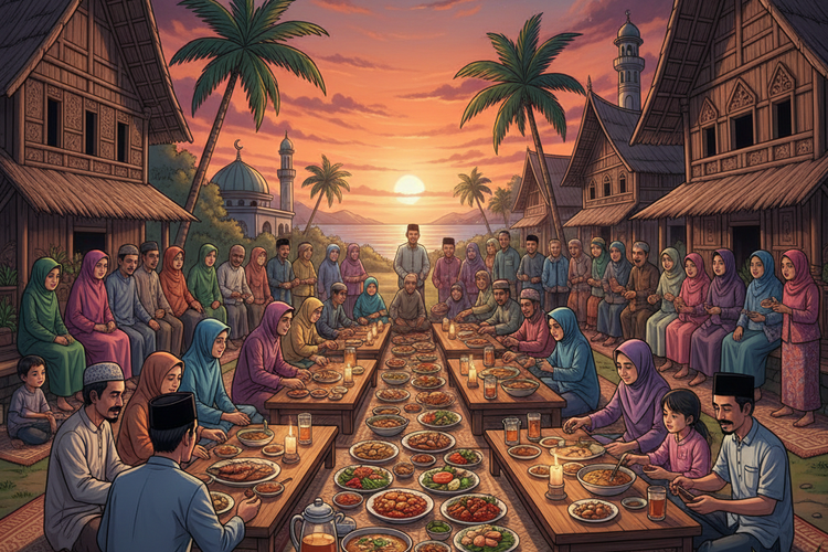 Ilustrasi gambar muslim di Sumbawa, NTB sedang berbuka puasa. Berikut jadwal imsakiyah 1 Ramadhan 1447 H atau 19 Februari 2026, untuk wilayah Kota Bima, Sumbawa, Nusa Tenggara Barat (NTB).