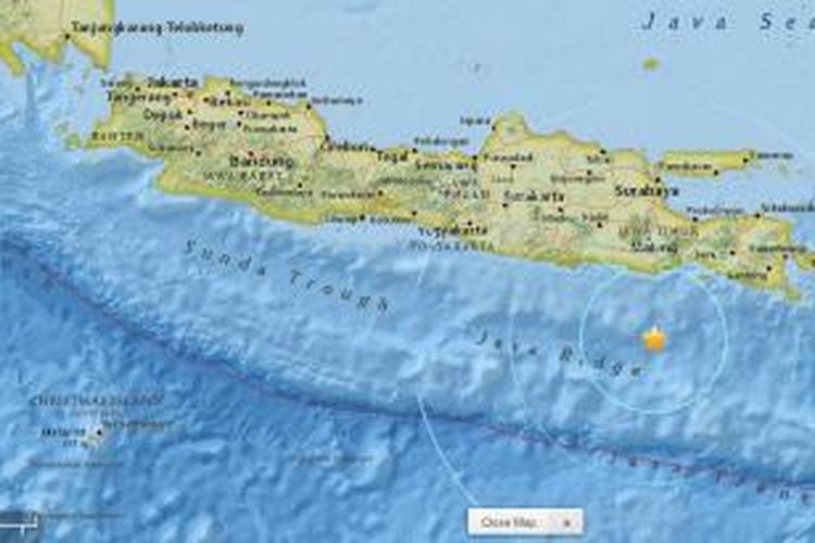 Peta lokasi gempa di barat daya Kabupaten Malang, Jawa Timur, berdasarkan data USGS, Minggu (26/7/2015).
