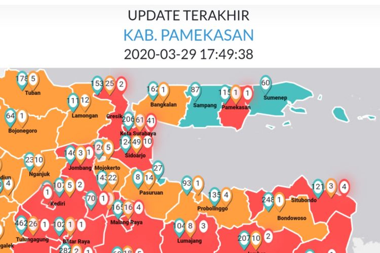 Satu pasien dinyatakan positif terinfeksi Covid-19 asal Kabupaten Pamekasan. Pasien tersebut sudah meninggal dunia sejak 10 hari yang lalu. Peta Kabupaten Pamekasan sudah berubah merah.