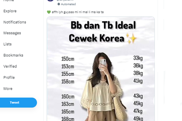 Unggahan soal tinggi badan dan berat badan ideal wanita Korea