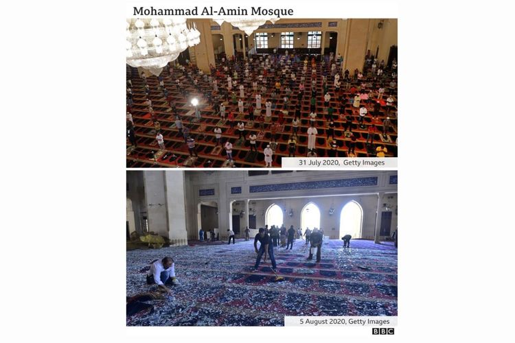 Masjid Mohammad Al Amin di Beirut, Lebanon, sebelum dan sesudah ledakan terjadi.