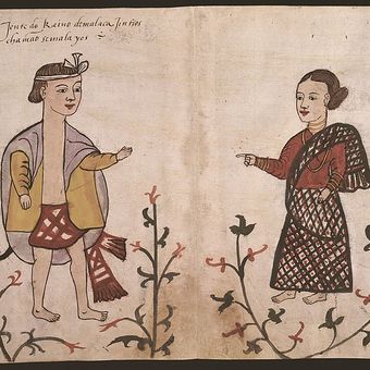 Ilustrasi bangsa Portugis dari abad ke-16 yang dimuat dalam Códice Casanatense. Tulisan di pojok kiri ilustrasi berbunyi, Orang dari Kerajaan Malaka yang disebut bangsa Malayos (Melayu).
