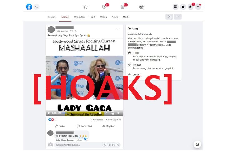Tangkapan layar unggahan hoaks di Facebook yang menyebut Lady Gaga sedang melantunkan Al Quran.