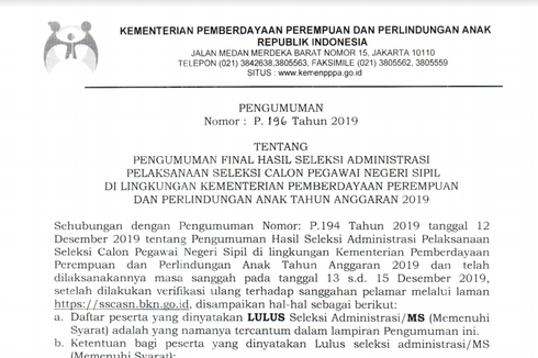 Simak, Kementerian PPPA Umumkan Hasil Final Seleksi Administrasi CPNS 2019