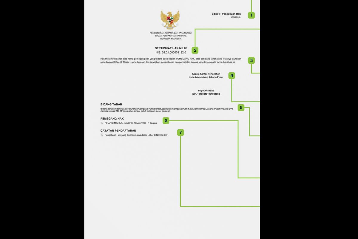 Bentuk dan format sertifikat tanah elektronik pada halaman pertama.