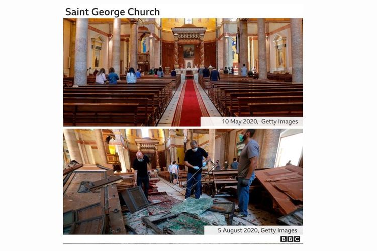 Gereja Saint George di Beirut, Lebanon, sebelum dan sesudah ledakan.