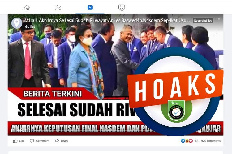 Tangkapan layar Facebook narasi yang menyebut bahwa PDI-P dan Nasdem sepakat mengusung Ganjar Pranowo sebagai capres