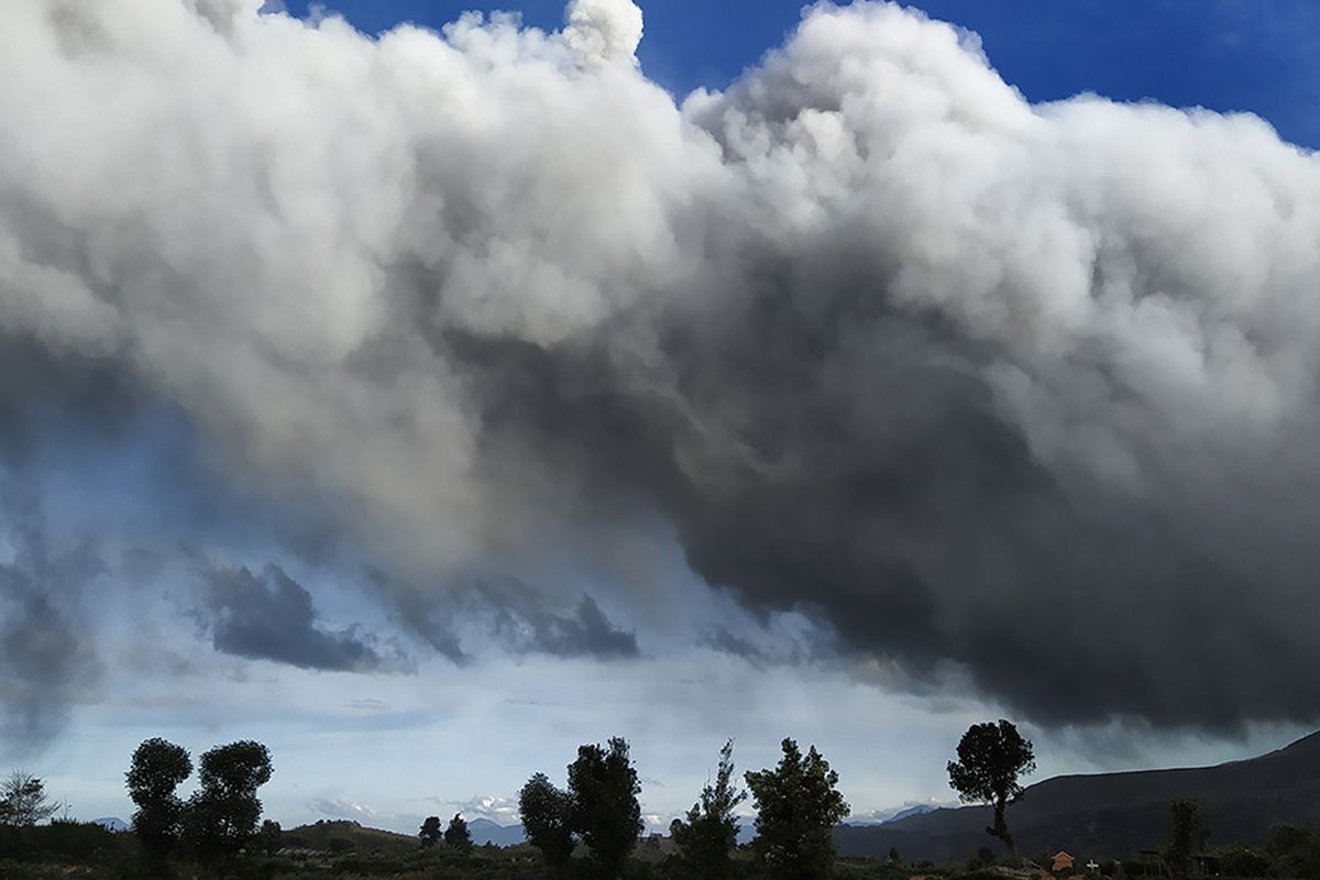 A file photo of Mount Sinabung erupts on Saturday, spewing a column of thick ash into the air dated August 8, 2020.  