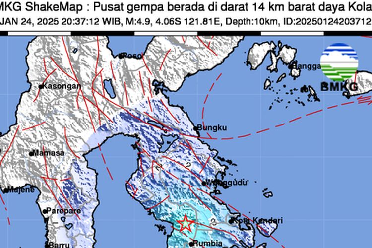 Gempa berkekuatan M 4,9 menguncang Kabupaten Kolaka Timur, Provinsi Sulawesi Tenggara (Sultra), Jumat (24/1/2025) pukul 21.37 Wita.

