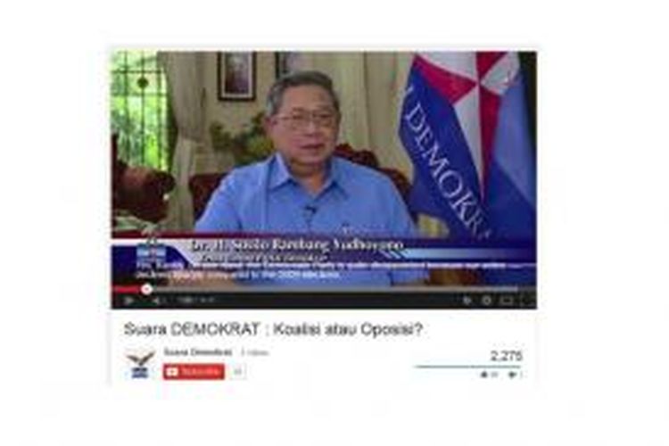 Ketua Umum DPP Partai Demokrat Susilo Bambang Yudhoyono bicara tentang langkah politik Demokrat pasca pemilu legislatif, melalui video yang diunggah akun 