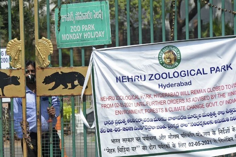 Seorang petugas keamanan mengawasi melalui gerbang masuk Taman Zoologi Nehru setelah ditutup untuk pengunjung di tengah pandemi virus corona Covid-19 di Hyderabad pada 4 Mei 2021.
