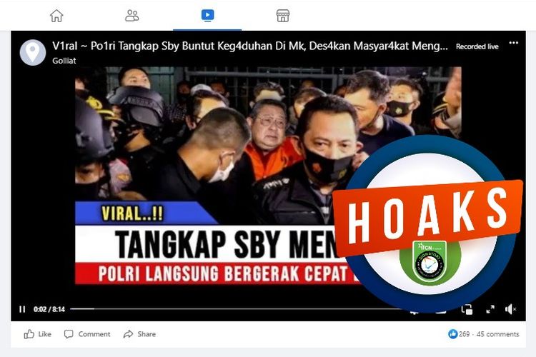 Tangkapan layar Facebook narasi yang menyebut SBY ditangkap polisi