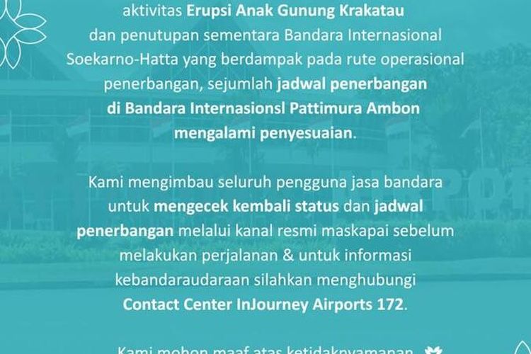 8 Rute Penerbangan di Ambon Ikut Dibatalkan Dampak Erupsi Gunung Anak Krakatau