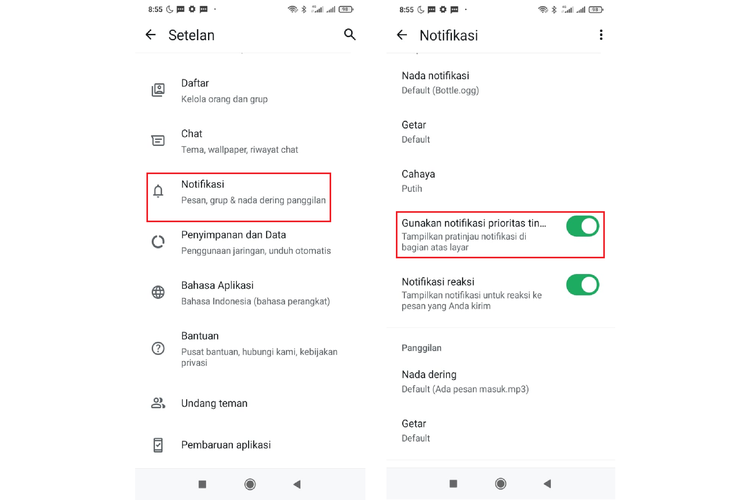 Ilustrasi cara menampilkan notifikasi WA di atas layar lewat menu pengaturan aplikasi.