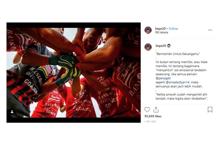 Tangkapan layar dari unggahan Instagram milik Bambang Pamungkas yang dipermasalahkan oleh salah satu Jakmania