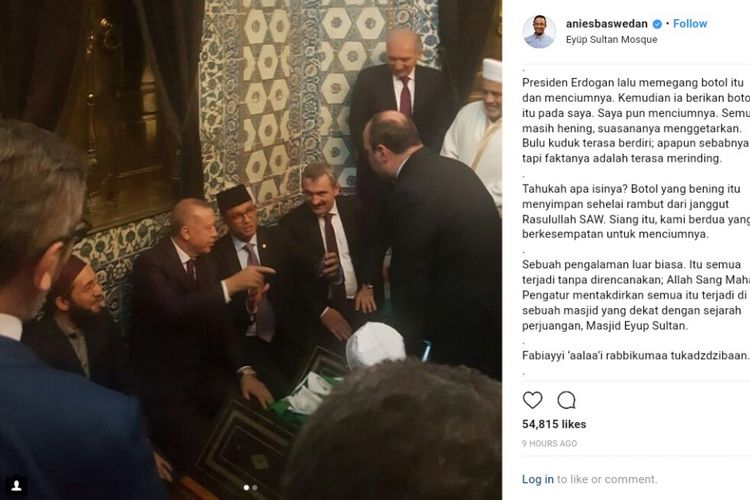 Gubernur DKI Jakarta Anies Baswedan bersama Presiden Turki, Recep Tayyip Erdogan. Foto tersebut diposting Anies di akun Instagram-nya, @aniesbaswedan. Foto di-capture dari akun Instagram Anies, Minggu (22/4/2018).