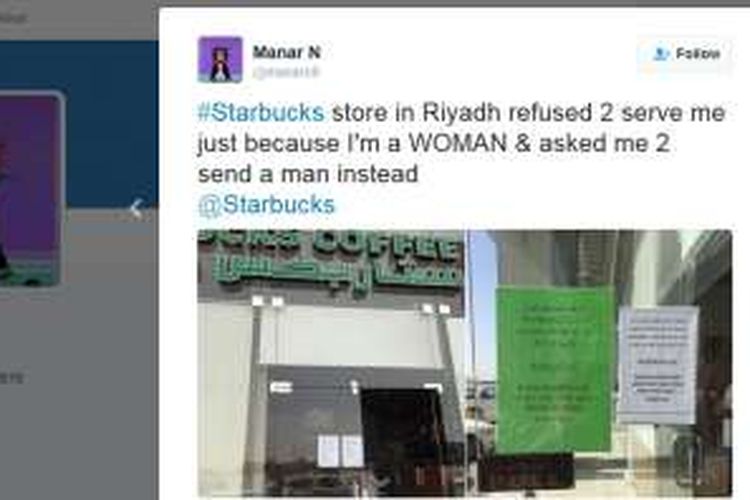 Akun Twitter salah seorang perempuan Arab yang mengaku dilarang masuk Starbuck.