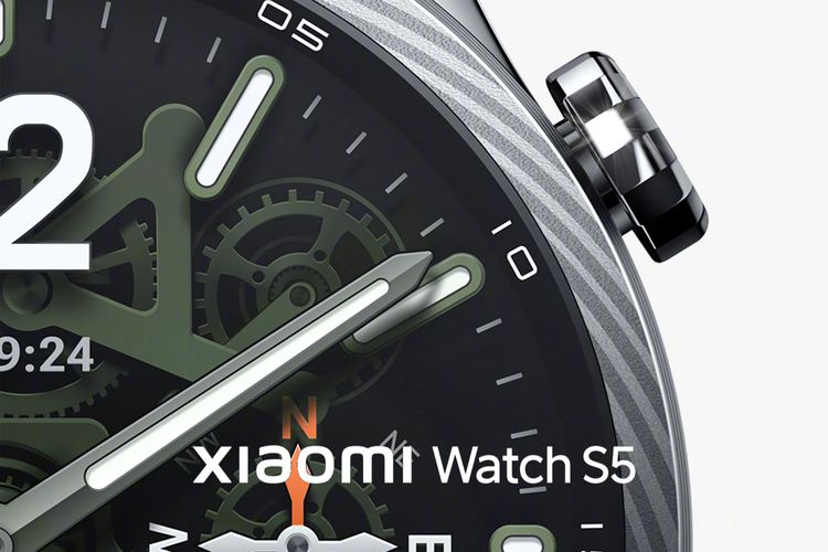 Ilustrasi desain bingkai, mahkota, dan layar dari Xiaomi Watch S5