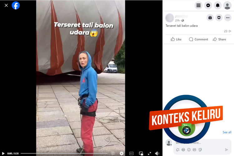 Tangkapan layar konten dengan konteks keliru di sebuah akun Facebook, Kamis (29/8/2024), menampilkan perempuan terseret balon udara.