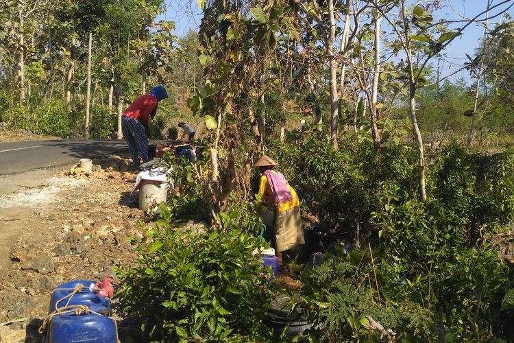 Warga Dusun Ploso, Desa Tileng, Kecamatan Girisubo, Gunungkidul, Saat Mengambil Air Bocoran PDAM Selasa (18/6/2019)