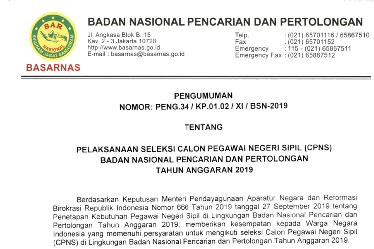 Basarnas resmi buka seleksi calon pegawai negeri sipil (CPNS) tahun 2019.