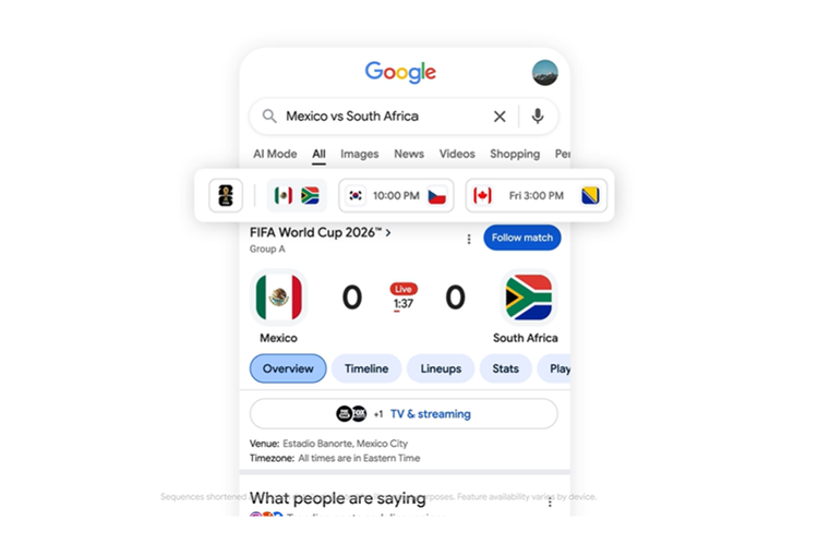 Hanya dengan mengunakan kata kunci tim yang sednag bertanding, misalnya Jerman vs Prancis, Google akan menampilkan berbagai informasi terkait pertandingan, termasuk skornya secara real-time.