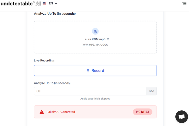 Tangkapan layar Undetectable AI menunjukkan, suara Dedi Mulyani membagikan hadiah lewat kuis memiliki probabilitas dihasilkan oleh AI.
