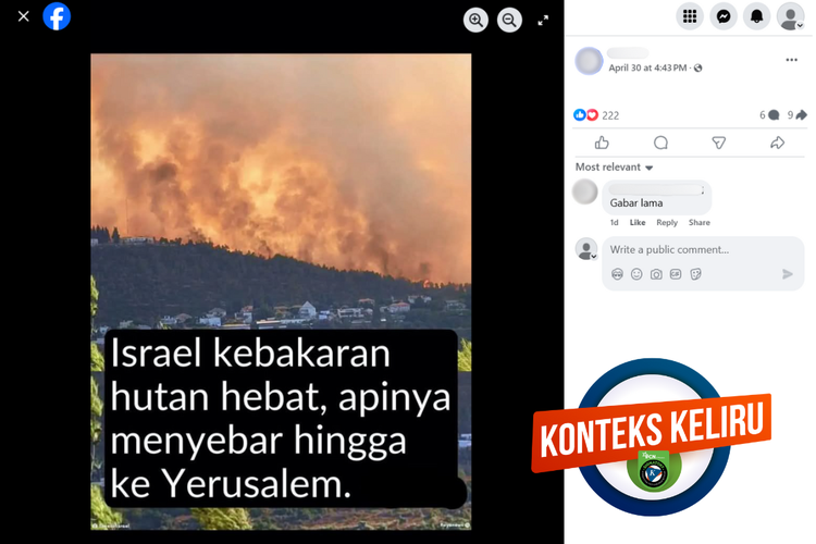 Tangkapan layar konten dengan konteks keliru di sebuah akun Facebook, Rabu (30/4/2025), menampilkan foto kebakaran di Yerusalem pada 2021, bukan 2025.