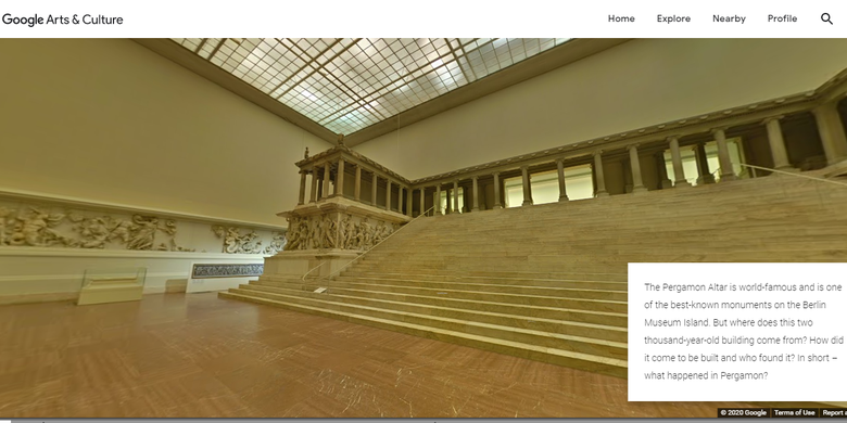 Pengunjung juga bisa memanfaatkan fasilitas Google Street View untuk melihat secara jelas dan menyeluruh Altar Pergamon yang sudah dikonstruksi di pameran virtual The Pergamon Museum
