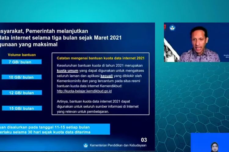 Mendikbud Nadiem Makarim memaparkan rincian bantuan kuota data internet 2021, Senin (1/3/2021).