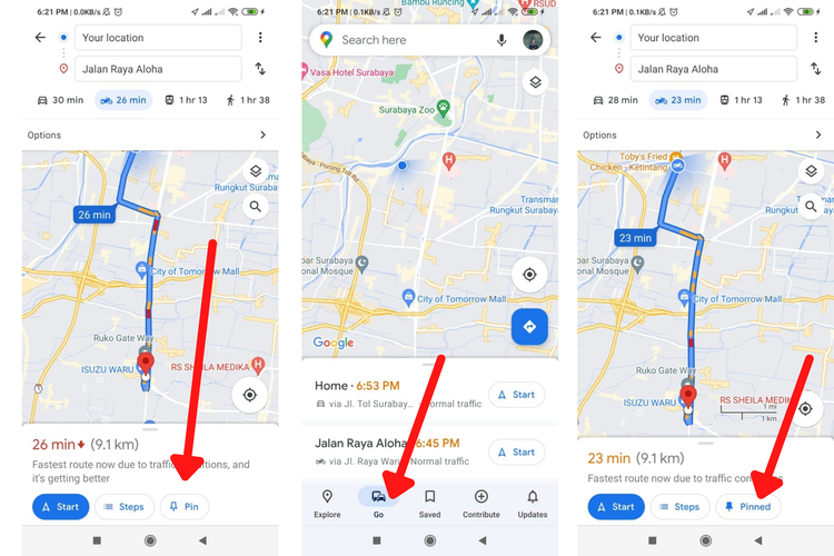 Ilustrasi cara menyimpan rute perjalan di google maps