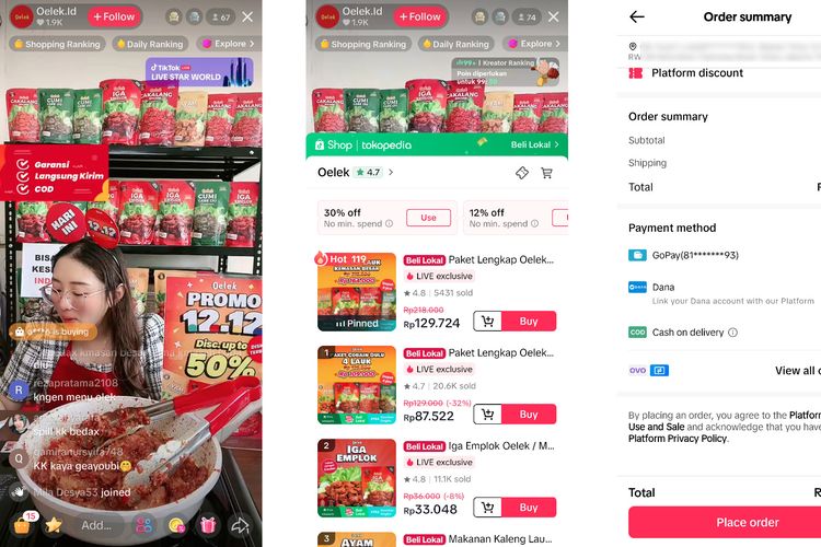 Cara kedua berbelanja di TikTok Shop dilakukan dengan mengunjungi live seller, menekan tombol keranjang kuning, memilih produk yang diinginkan, kemudian menekan tombol Buy. Pengguna akan dituntun untuk melakukan pembayaran, mulai dari menambahkan alamat pengiriman hingga memilih metode pembayaran.