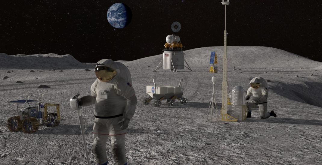 Ilustrasi astronot di Bulan, astronot berjalan di Bulan, misi Apollo, misi NASA ke Bulan.