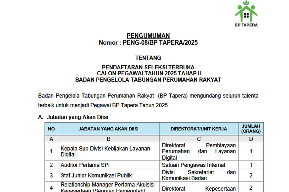 Tangkapan layar pengumuman seleksi BP Tapera 2025, lowongan kerja BP Tapera 2025. Rekrutmen BP Tapera 2025.