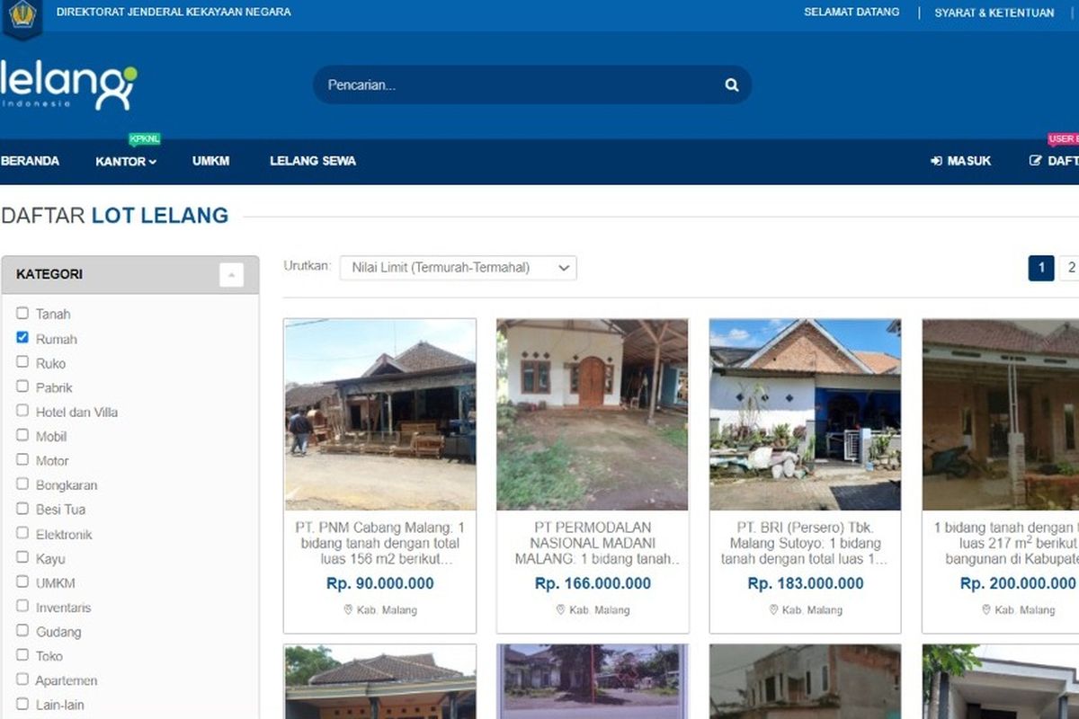 DJKN melalui lelang.go.id memfasilitasi lelang rumah yang berlokasi di Malang, Jawa Timur dengan nilai limit mulai Rp 90 juta.