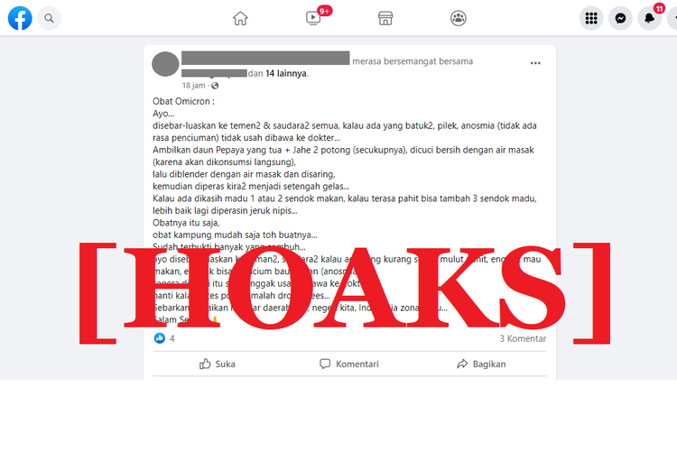 Tangkapan layar unggahan hoaks di sebuah akun Facebook, yang mengklaim bahwa ramuan obat herbal dapat menyembuhkan Covid-19 dengan varian Omicron.