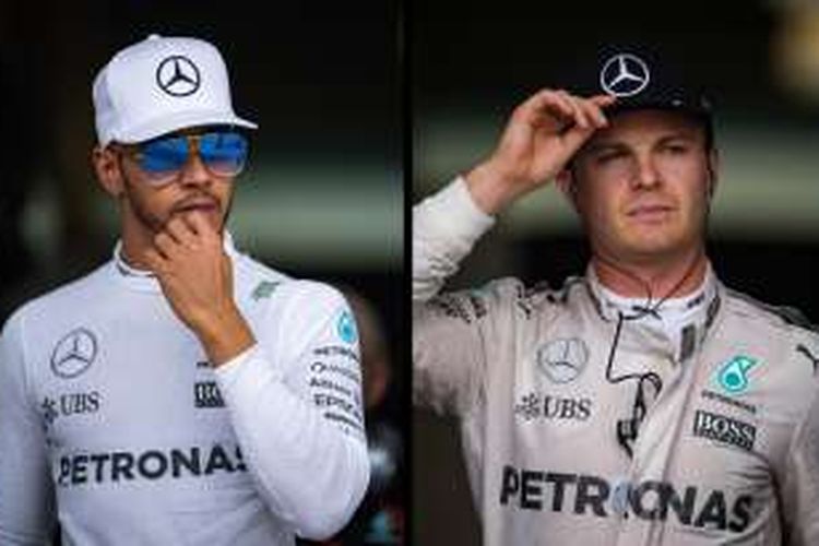 Pebalap Mercedes AMG Petronas F1 Team (kiri-kanan), Lewis Hamilton (Inggris) dan Nico Rosberg (kanan).