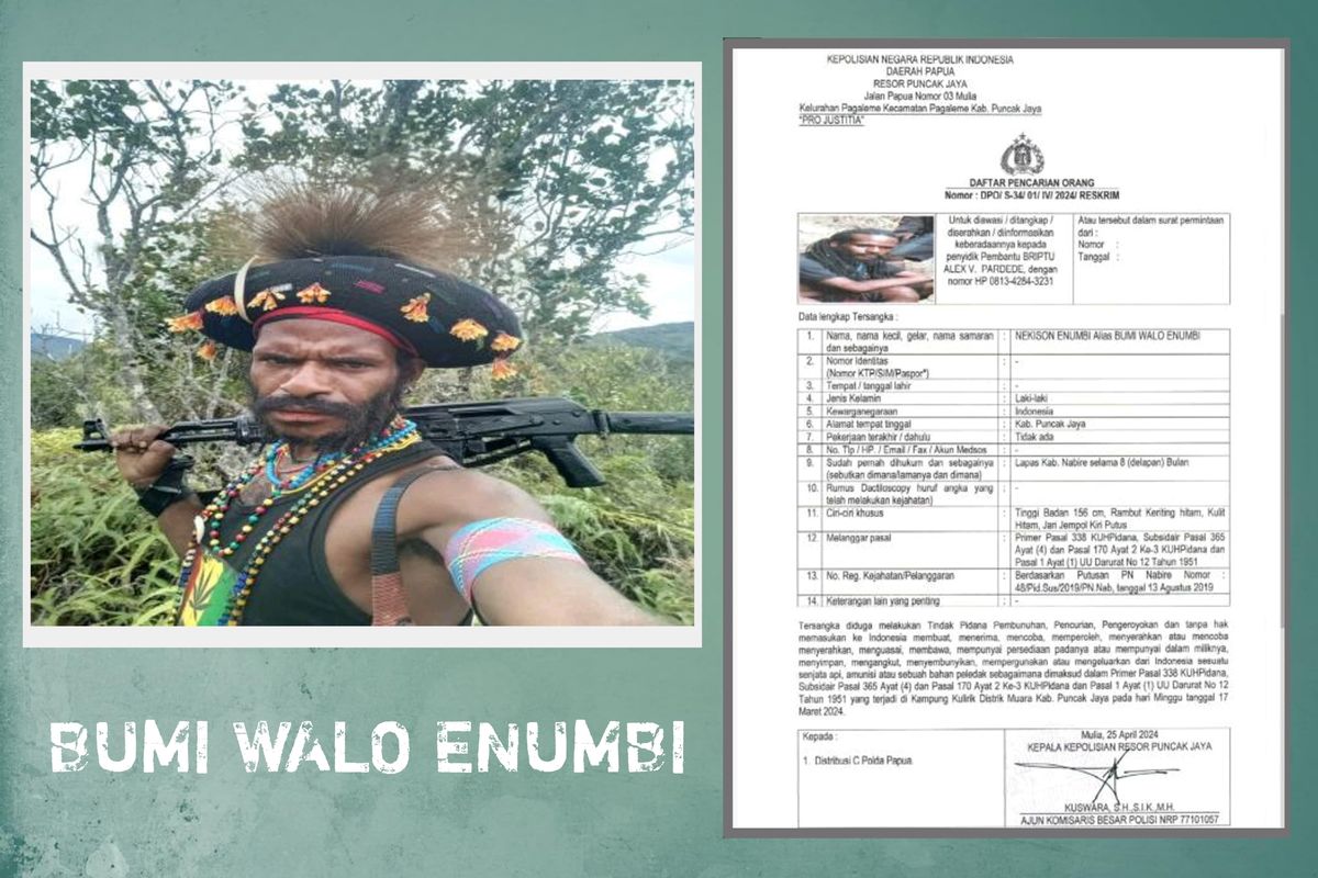 Salah satu tokoh Organisasi Papua Merdeka (OPM) Nekison Enumbi alias Bumi Walo Enumbi disebut tewas dalam operasi TNI di Puncak Jaya, Papua Tengah, Sabtu (10/5/2025).