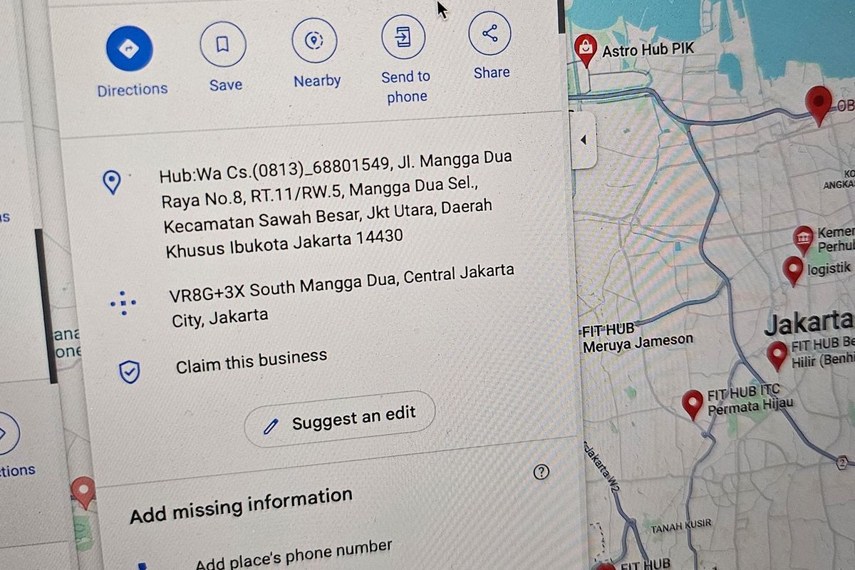 Salah satu contoh penipuan alamat dan nama jalan di Google Maps yang mencantumkan informasi nomor telepon palsu