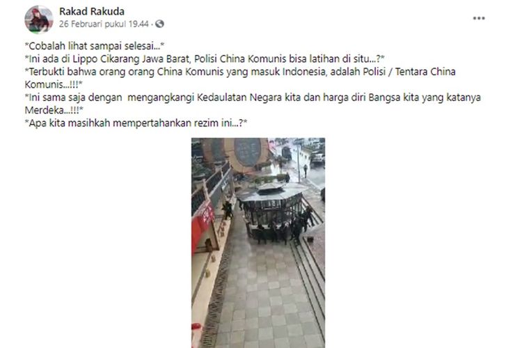 Tangkapan layar unggahan video diklaim polisi dari China sedang melakukan latihan di Lippo, Cikarang, Jawa Barat.