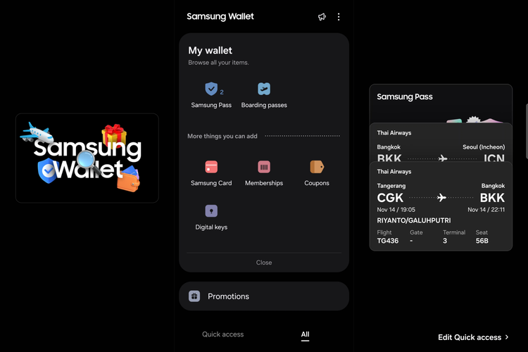 Tampilan Samsung Wallet di HP Samsung. Aplikasi ini menjadi solusi dompet digital terpadu pertama di Tanah Air yang terintegrasi langsung di smartphone Galaxy.