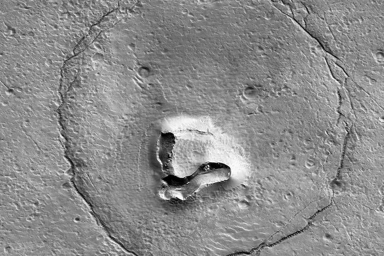 Kamera wahana NASA yang mengorbit Mars menangkap formasi yang menyerupai wajah beruang di permukaan planet itu.