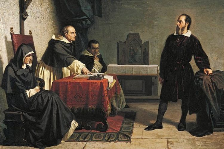Sebuah lukisan karya Cristiano Bangti (1857) menggambarkan Galileo Galilei sedang menghadapi inkuisisi Gereja Katolik di Roma.