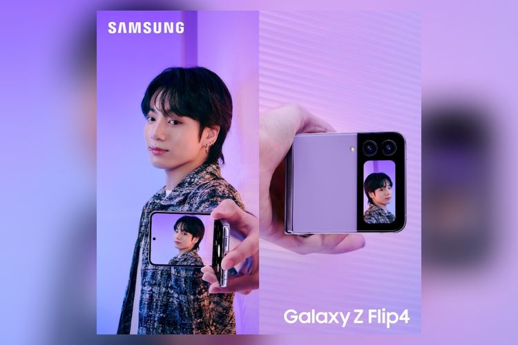 Ilustrasi anggota BTS Jungkook sedang memegang Samsung Galaxy Z Flip 4 varian warna Bora Purple.
