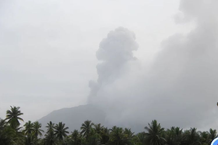 Kolom abu vulkanik setinggi lebih kurang 1.000 meter keluar dari kawah Gunung Ibu yang terletak di Pulau Halmahera, Provinsi Maluku Utara, Senin (15/1/2024). ANTARA/HO-PVMBG