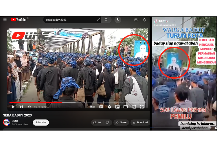 Tangkapan layar perbandingan video salah konteks dengan video di kanal YouTube UMC soal kegiatan Seba Baduy 2023.
