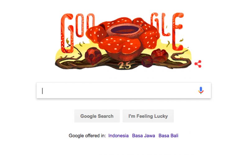 Google doodle hari Selasa (9/1/2018) merayakan ulang tahun ke-25 dari penunjukkan Rafflesia Arnoldii sebagai puspa langka di Indonesia.